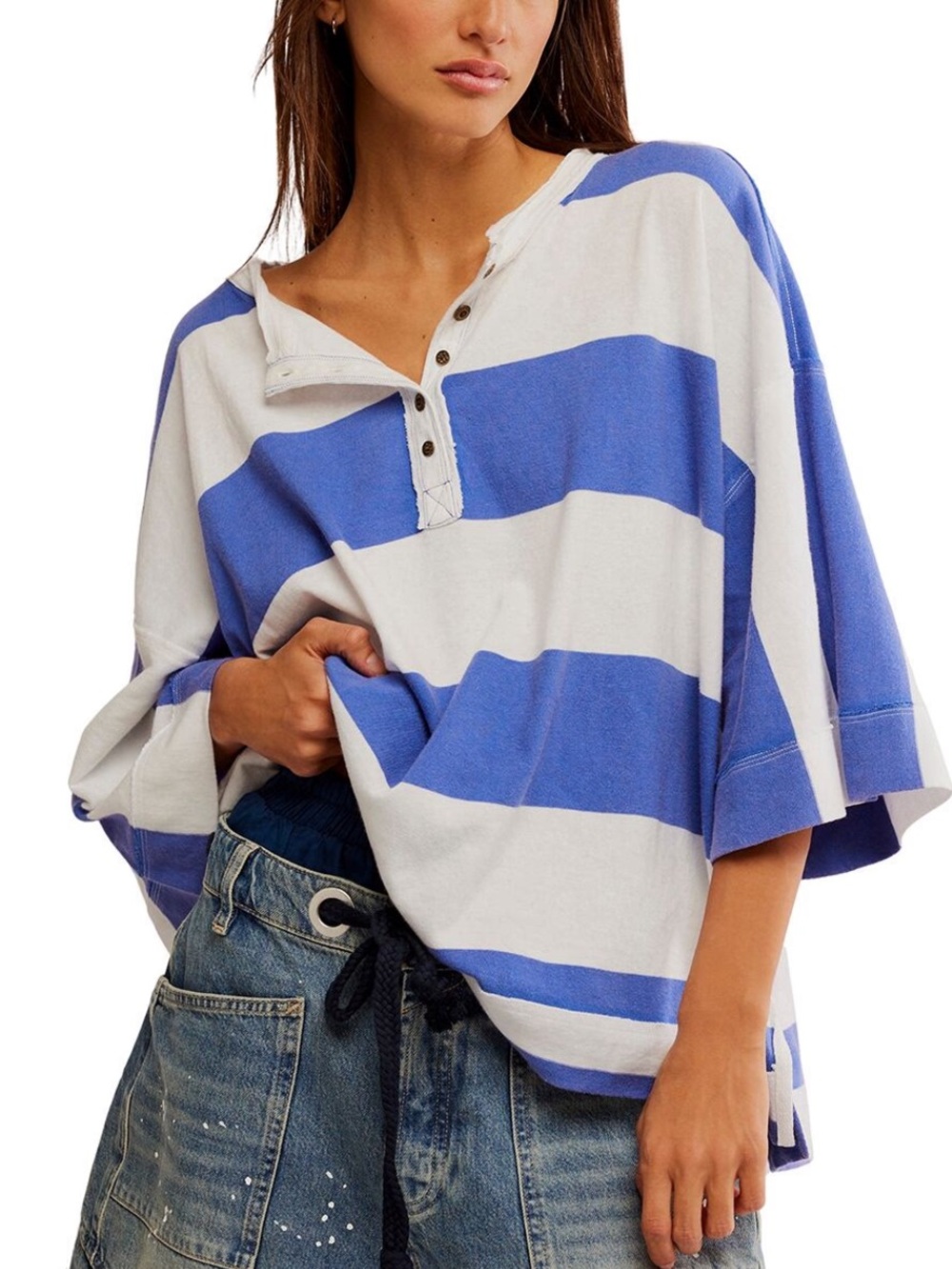 WE THE FREE Women's Oversized Striped Henley Top - Blue & White